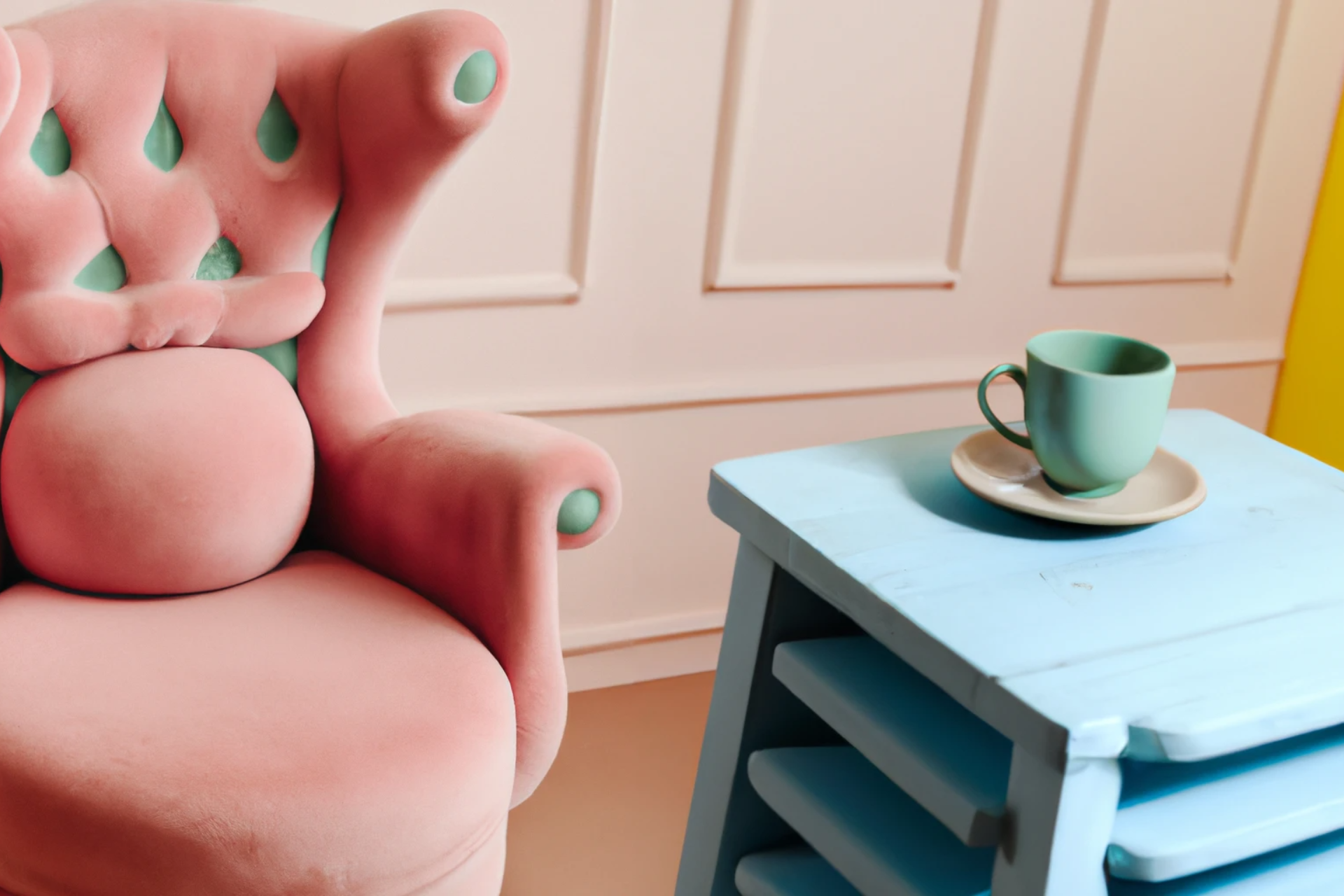 plush pink couch with a blue cup of tea