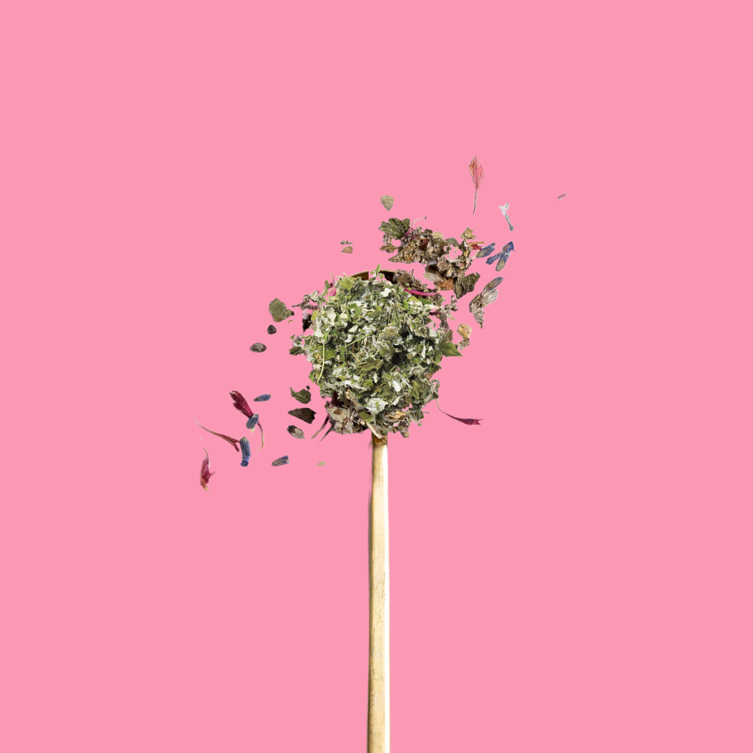 raspberry leaf teaspoon on pink background